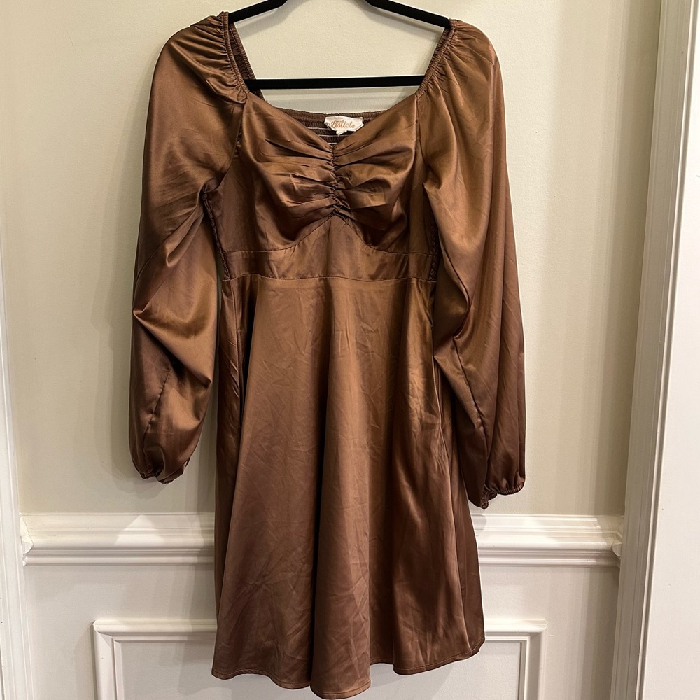 Listicle Long Sleeve Brown Satin Dress